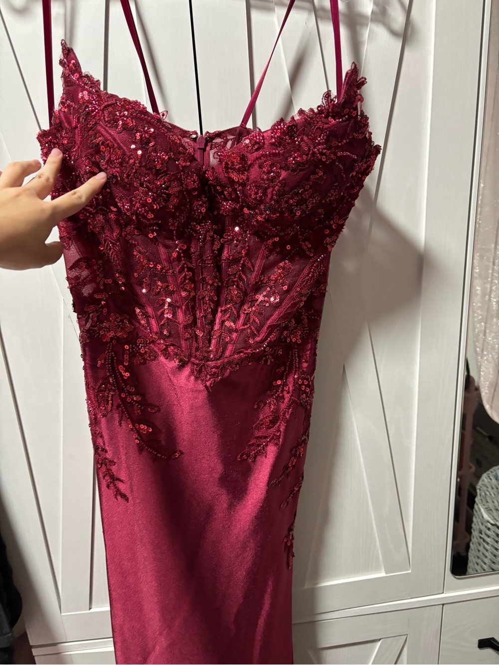 Beaded Burgundy Lace Satin Slip Dress